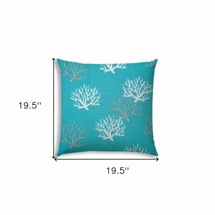 20" Aqua Gray and White Coral Indoor Outdoor Throw Pillow Cover