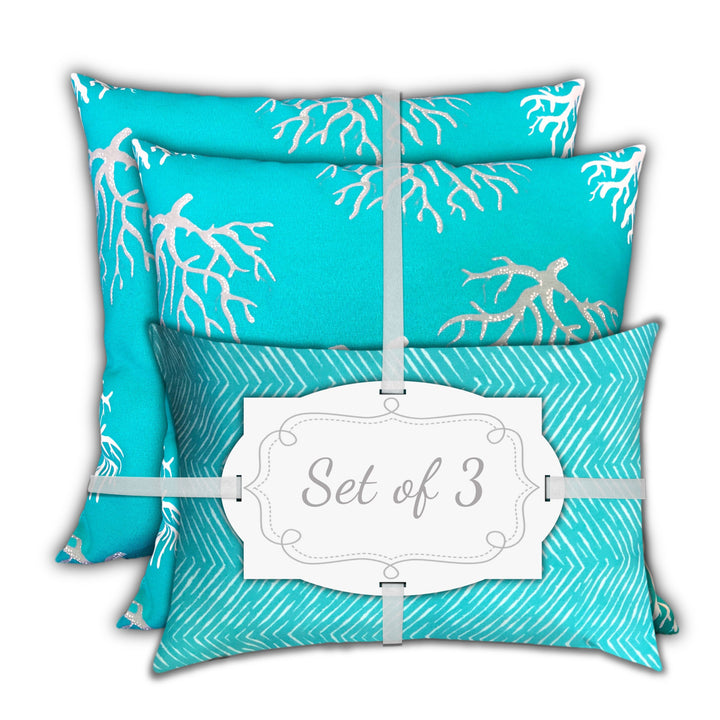 Set Of Three 19" X 19" Ocean Blue And White Zippered Coastal Throw Indoor Outdoor Pillow Cover