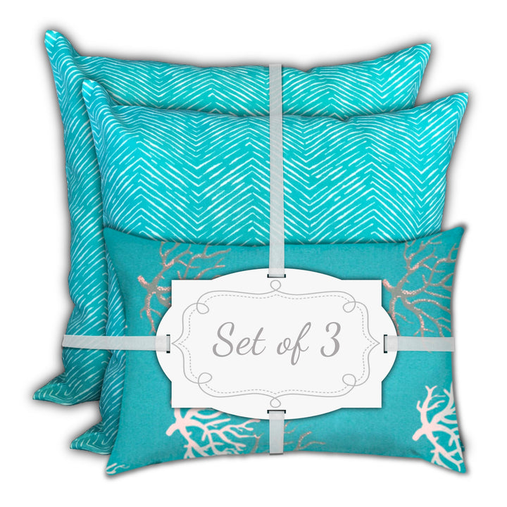 Set Of Three 19" X 19" Ocean Blue And White Zippered Coastal Throw Indoor Outdoor Pillow Cover