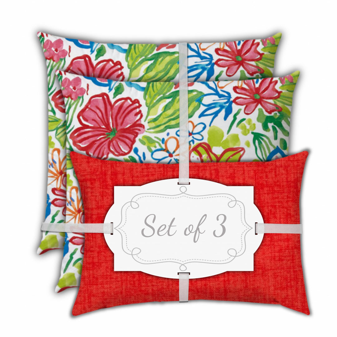 Set Of Three 19" X 19" Red And White Zippered Floral Throw Indoor Outdoor Pillow Cover