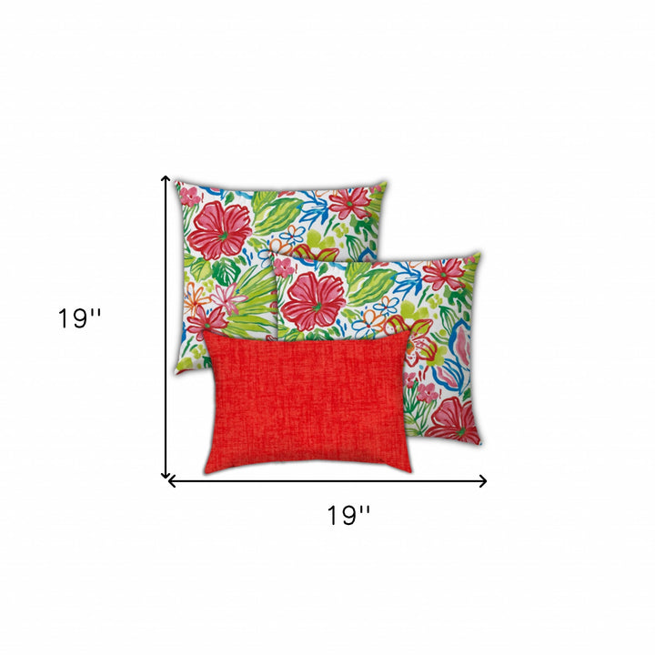 Set Of Three 19" X 19" Red And White Zippered Floral Throw Indoor Outdoor Pillow Cover