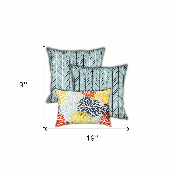 Set Of Three 19" X 19" Seafoam And White Zippered Floral Throw Indoor Outdoor Pillow Cover