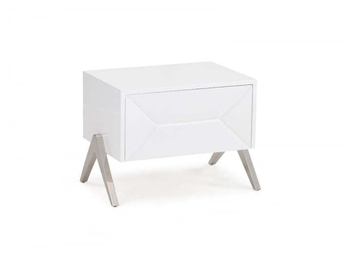 Modern Silky White Nightstand with One Drawer and Steel Legs