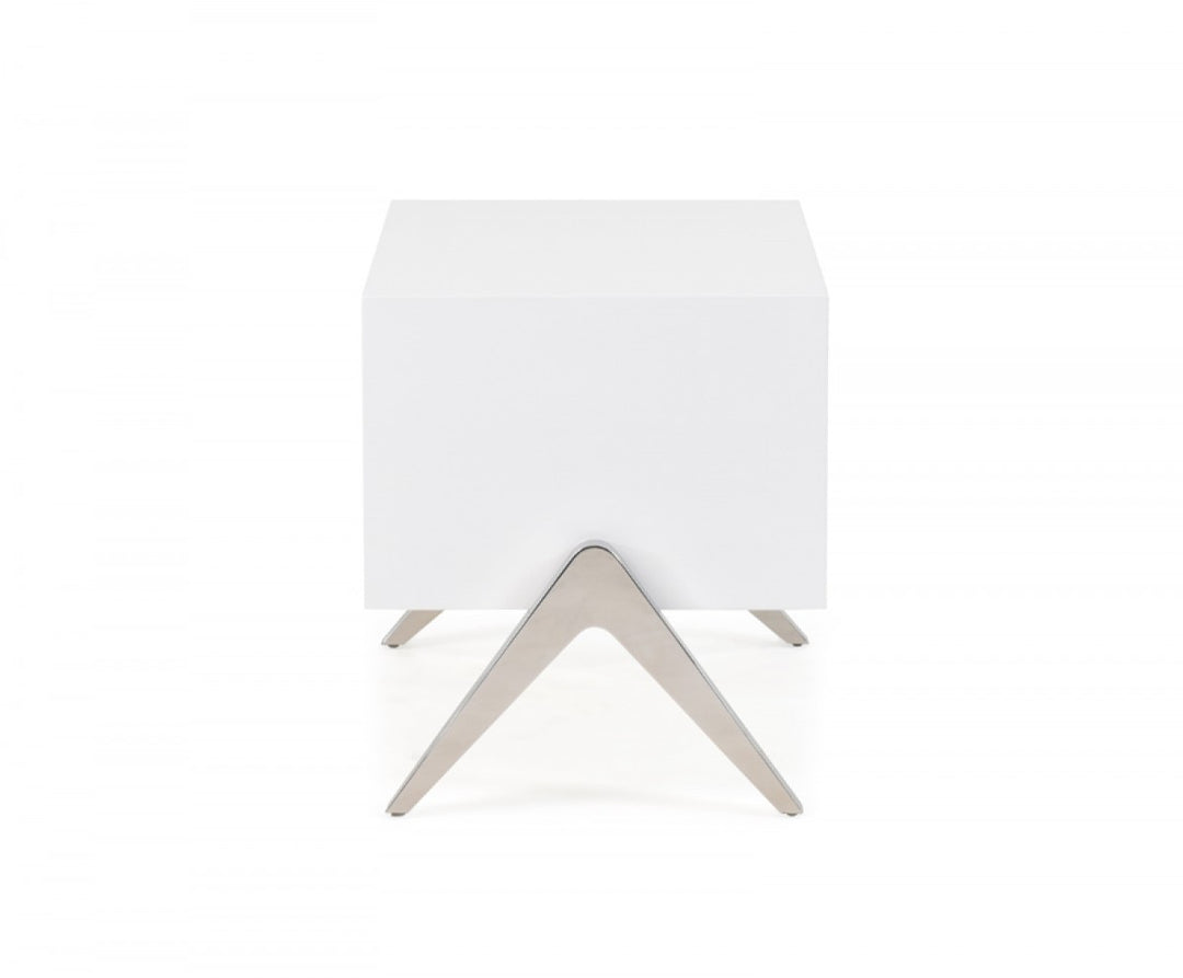 Modern Silky White Nightstand with One Drawer and Steel Legs