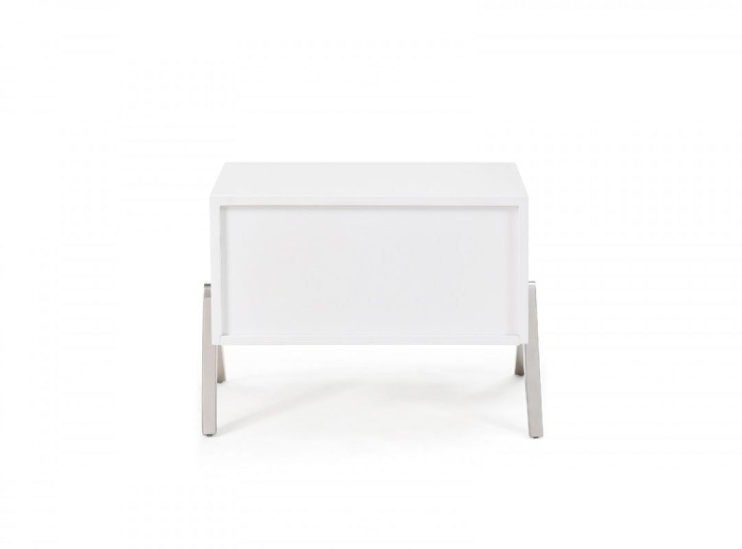 Modern Silky White Nightstand with One Drawer and Steel Legs