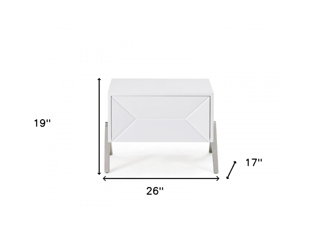 Modern Silky White Nightstand with One Drawer and Steel Legs