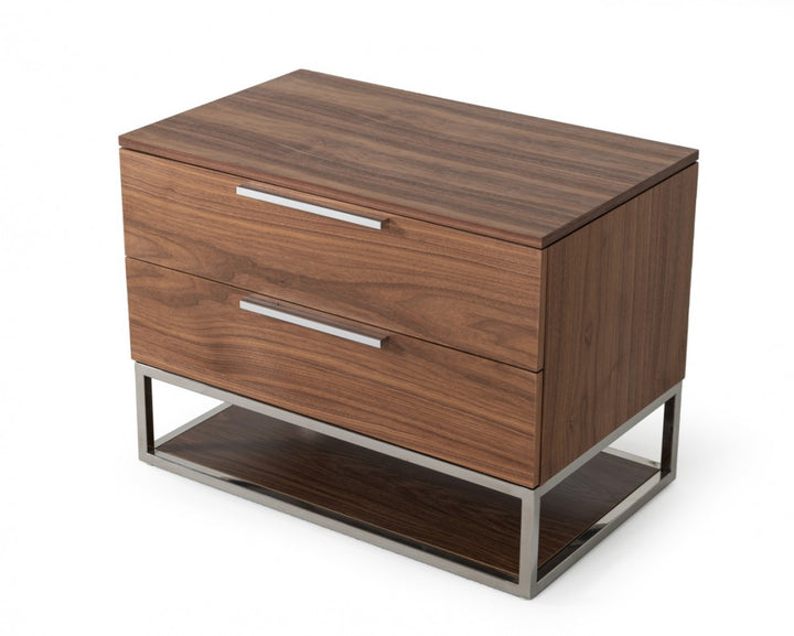 Contemporary Walnut and Stainless Steel Nightstand with Two Drawers