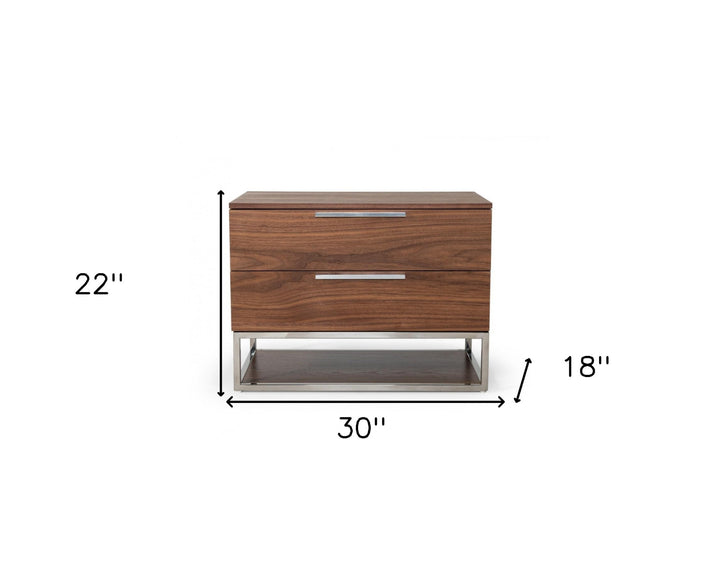 Contemporary Walnut and Stainless Steel Nightstand with Two Drawers