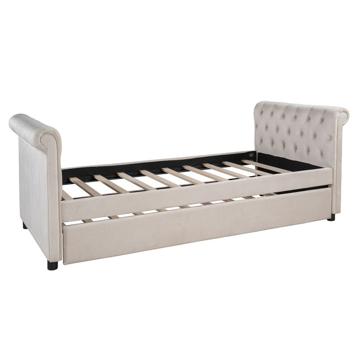 Twin Tufted Beige Upholstered Polyester Blend Bed With Trundle