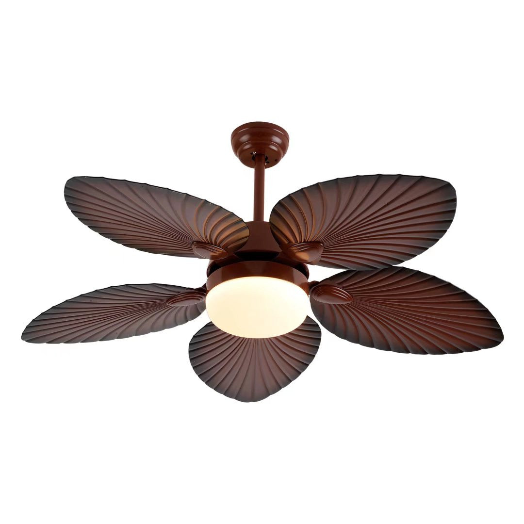 Brown Tropical Palm Metal Ceiling Lamp And Fan