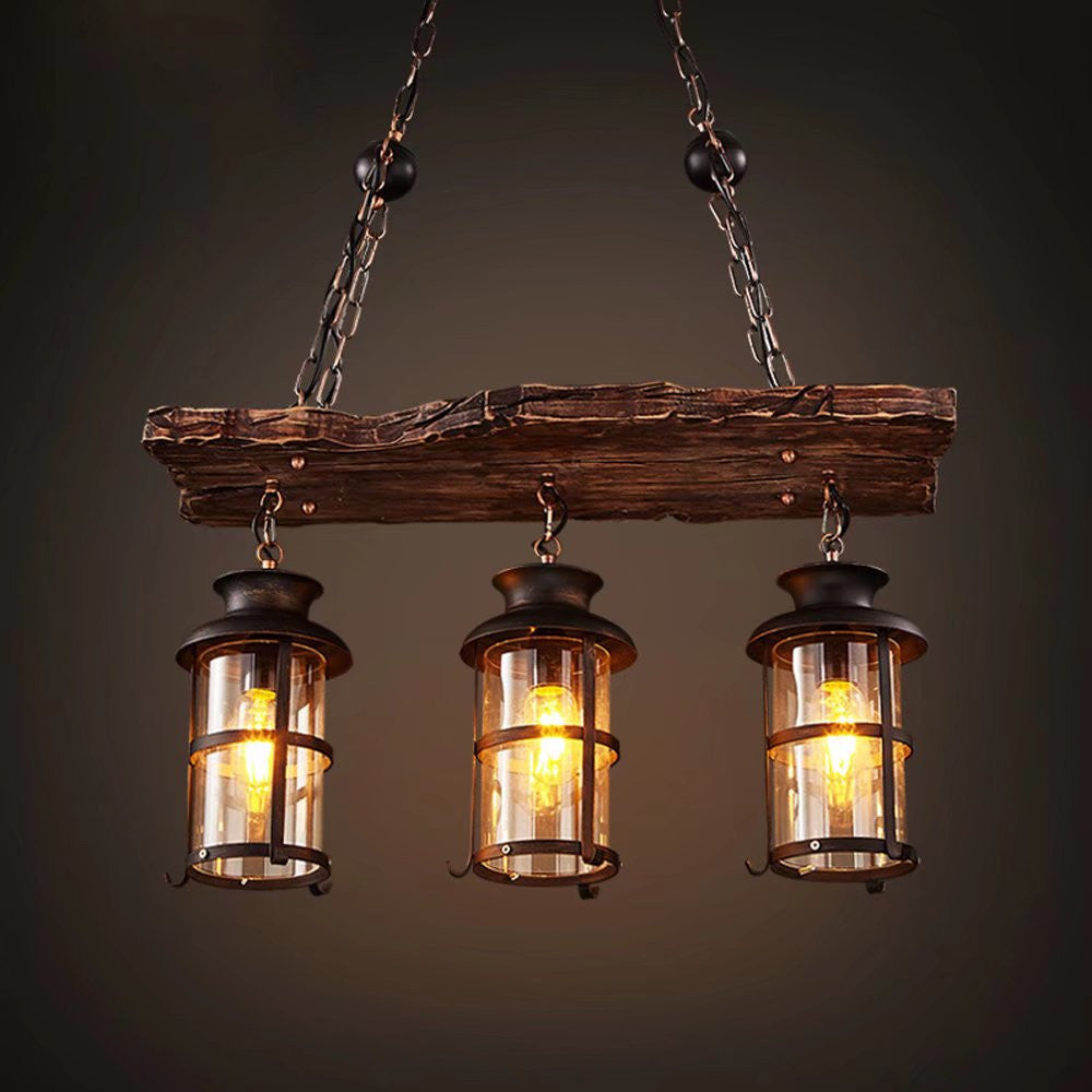 Rustic Wood and Metal Three Light Hanging Lantern Chandelier