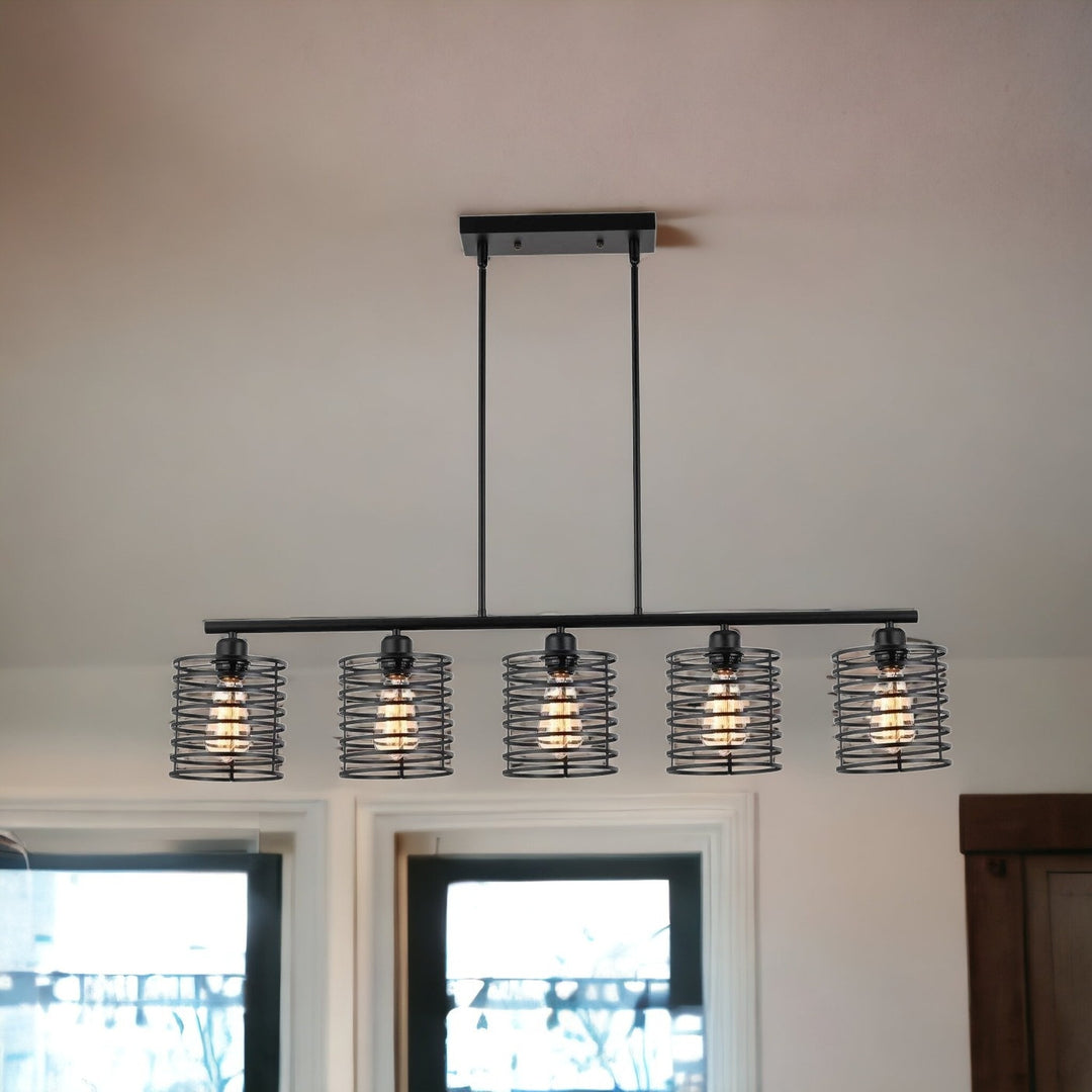 Industrial Black Cage Five Light Metal Pendant Chandelier