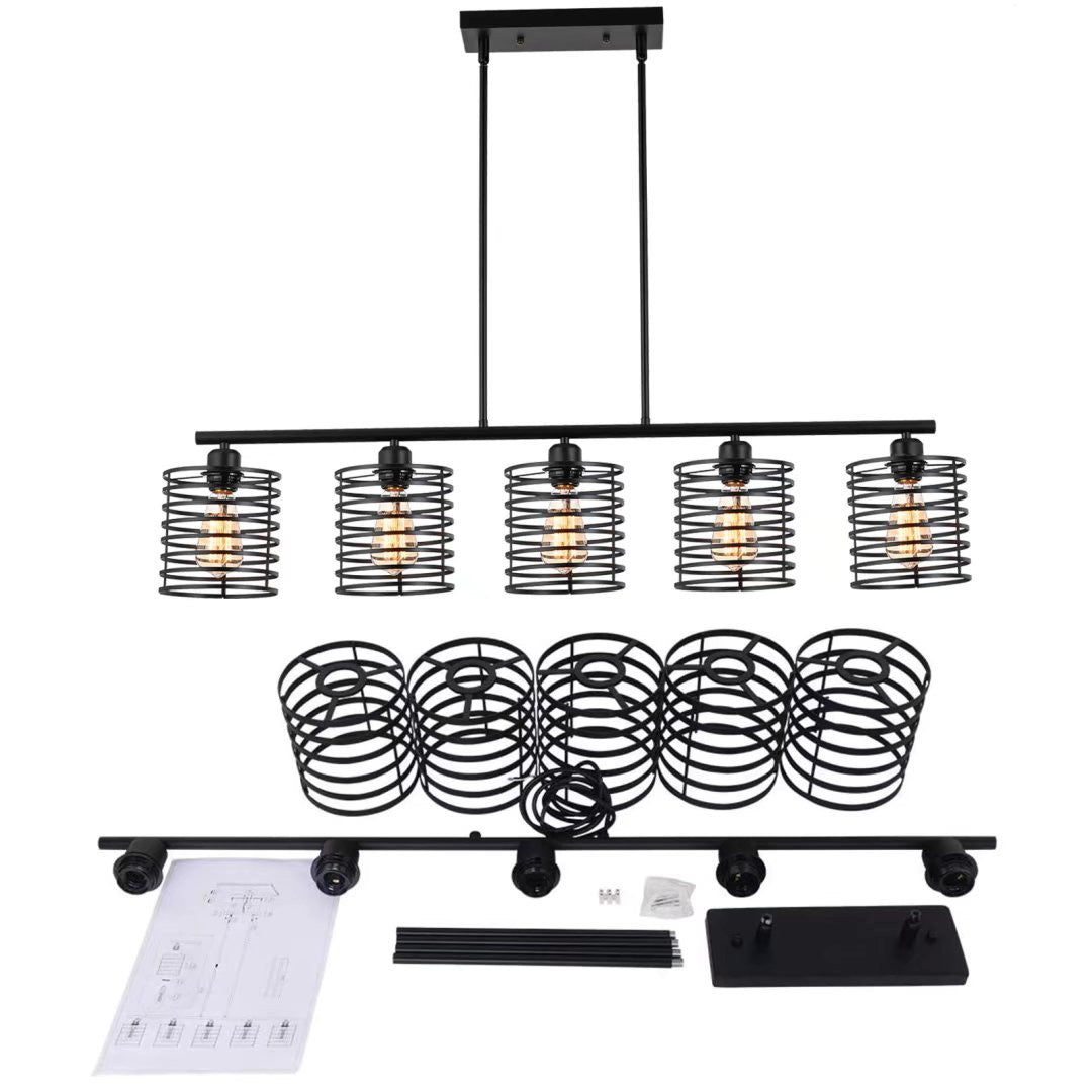 Industrial Black Cage Five Light Metal Pendant Chandelier