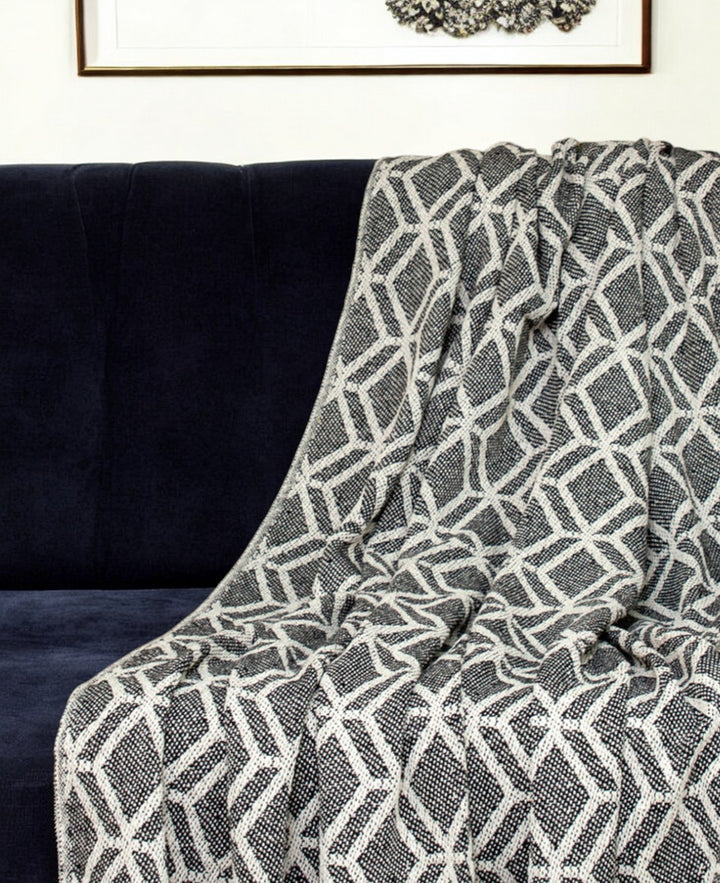 Grey and Beige Handloom Geometric Woven Throw Blanket