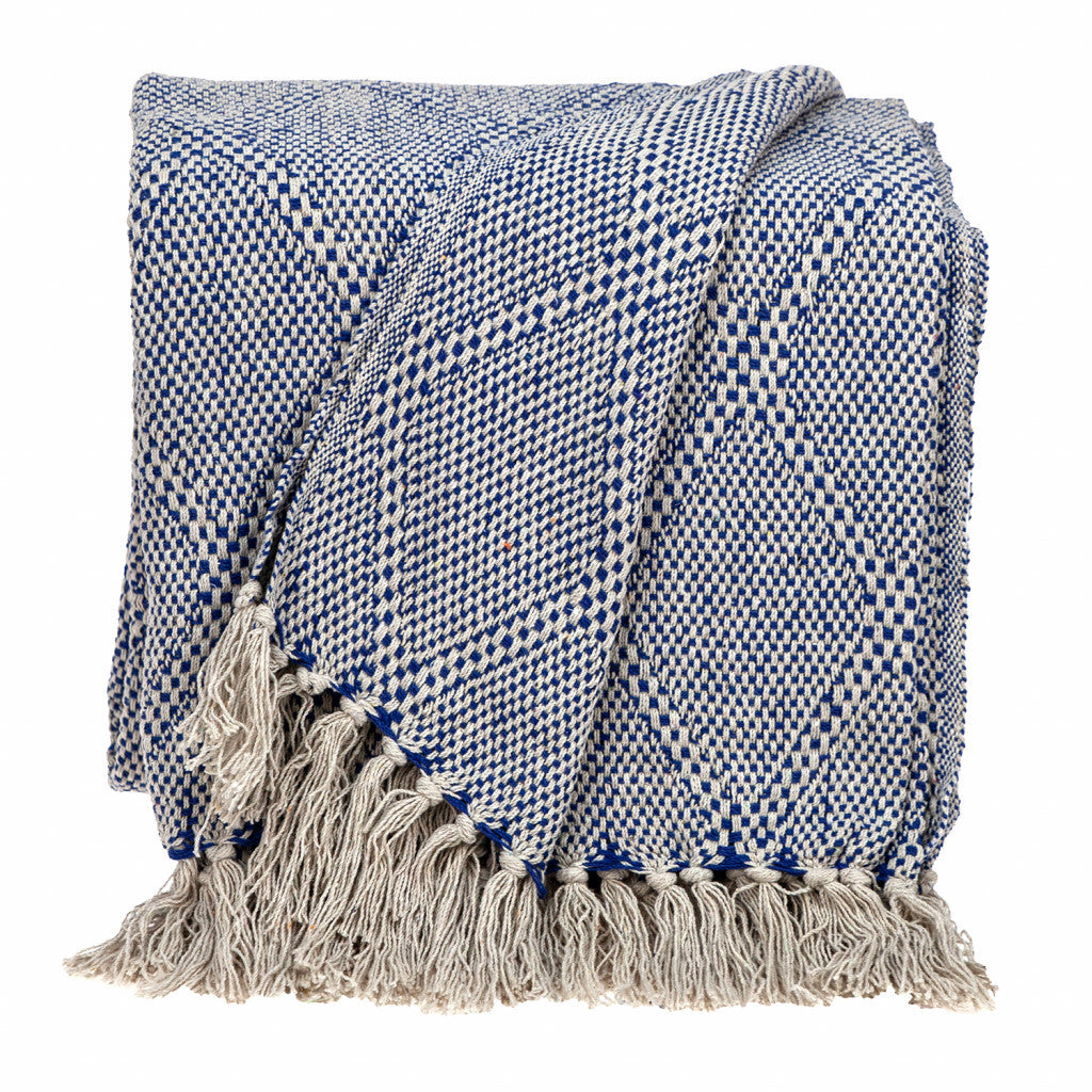 Blue and Beige Woven Handloom Throw with Tassels