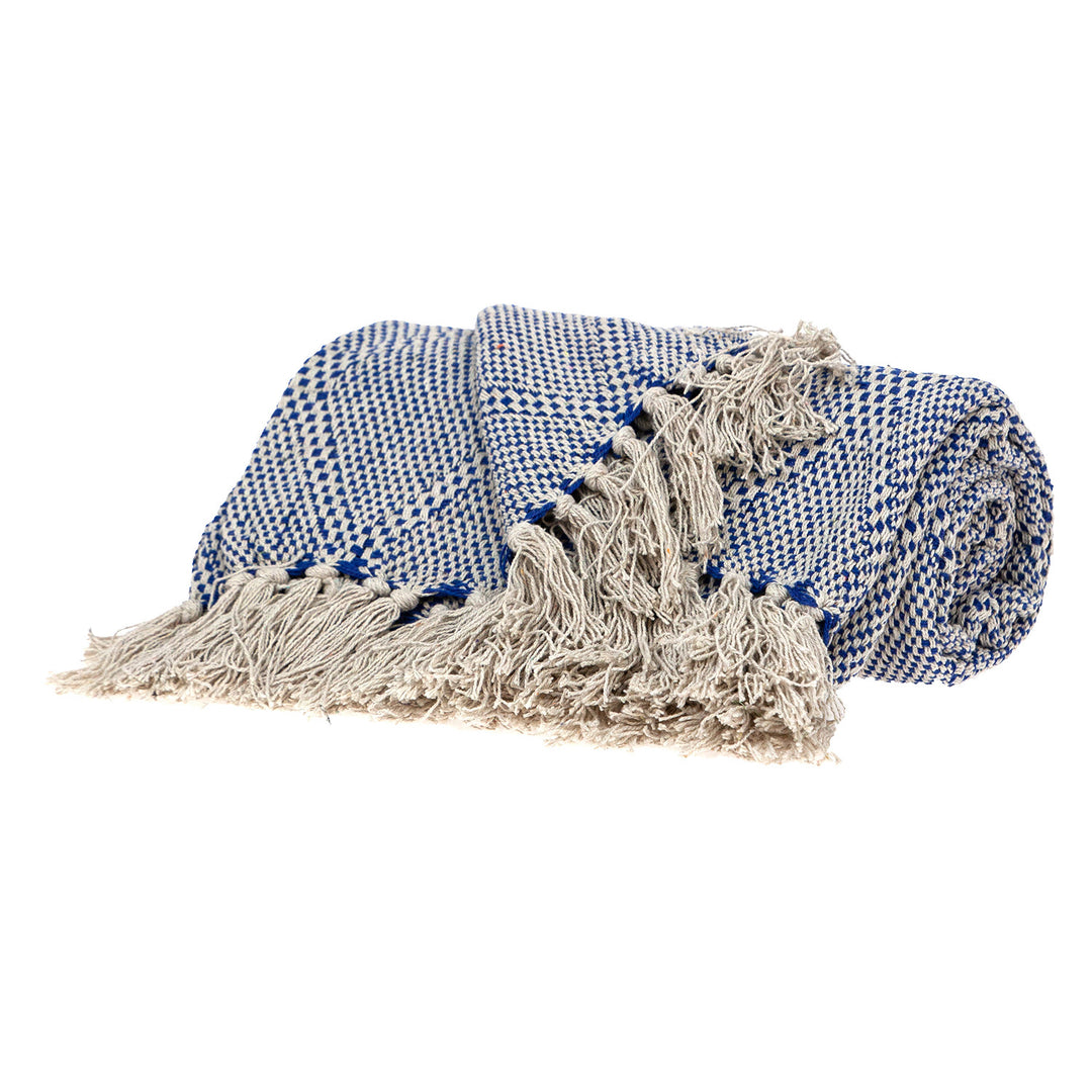 Blue and Beige Woven Handloom Throw with Tassels