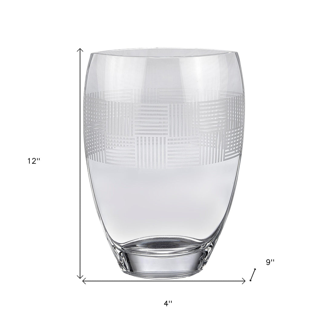 12" Clear With Geometric Pattern Oval Crystal Table Vase