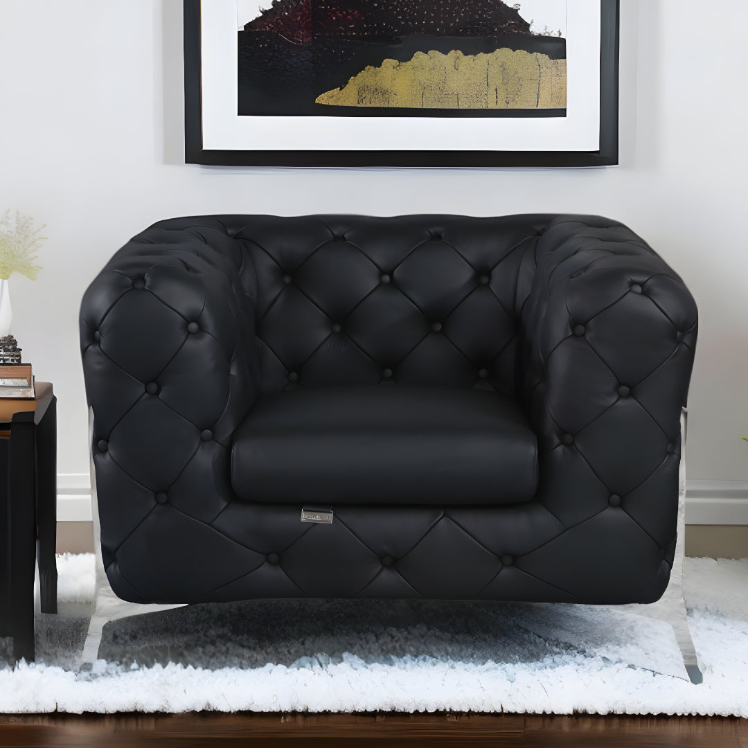 45" Black And Silver Italian Leather Tufted Chesterfield Chair