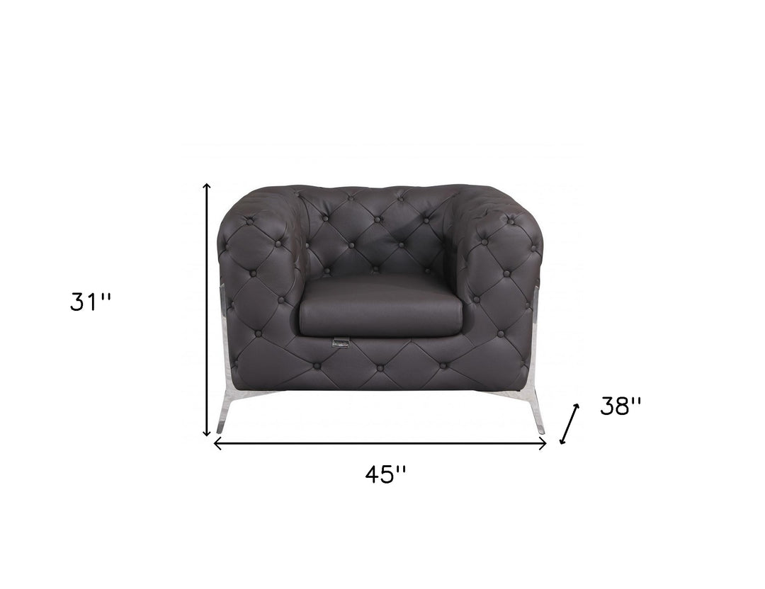 Glam Espresso Brown and Chrome Tufted Leather Armchair