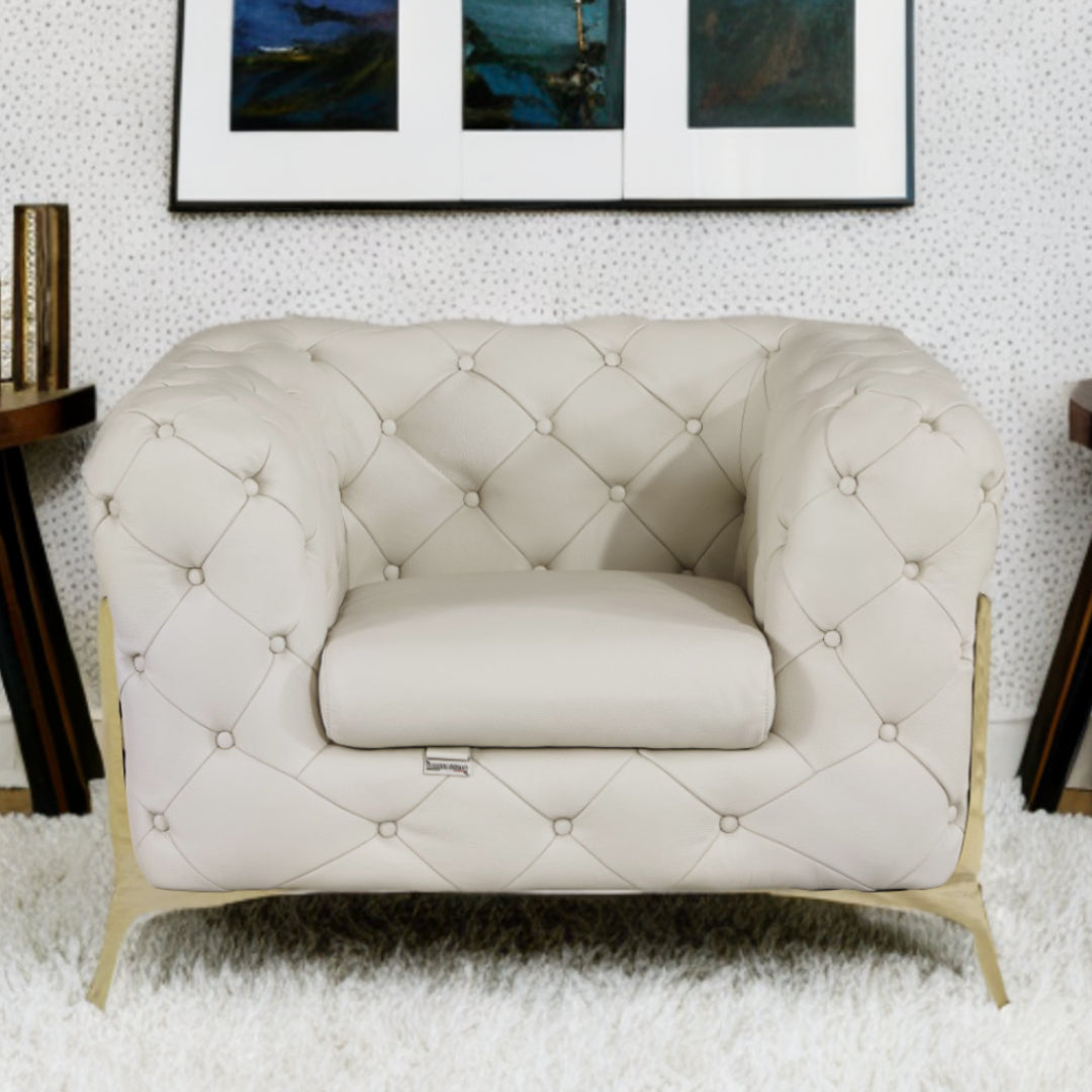 45" Beige And Gold Italian Leather Tufted Chesterfield Chair