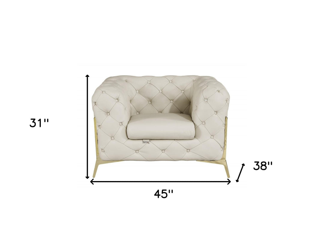 45" Beige And Gold Italian Leather Tufted Chesterfield Chair