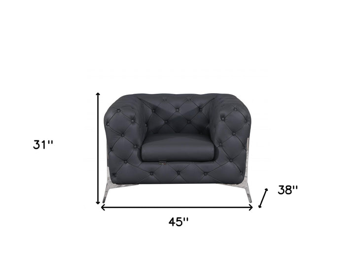 Glam Gray and Chrome Tufted Leather Armchair