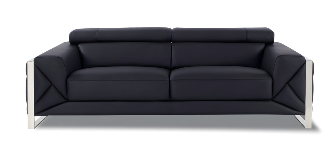 89" Black Italian Leather Sofa With Silver Legs