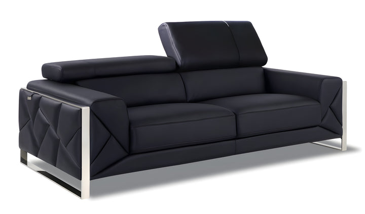 89" Black Italian Leather Sofa With Silver Legs