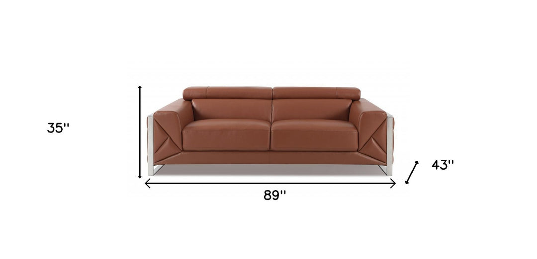 89" Camel Italian Leather Sofa With Silver Legs