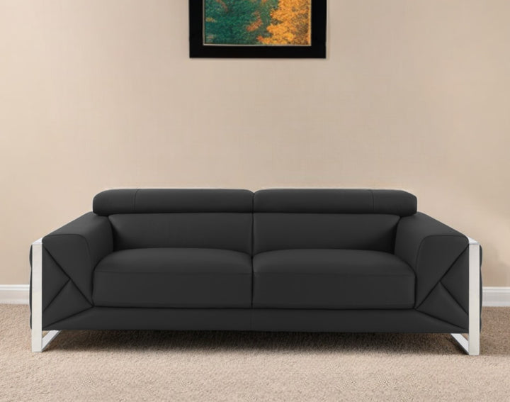 89" Dark Gray Italian Leather Sofa With Silver Legs