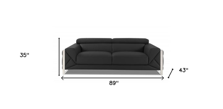 89" Dark Gray Italian Leather Sofa With Silver Legs