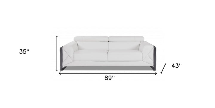 89" White Italian Leather Sofa With Chrome Legs