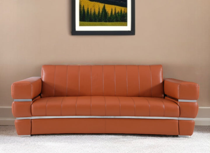 89" Camel Italian Leather Sofa With Silver Legs