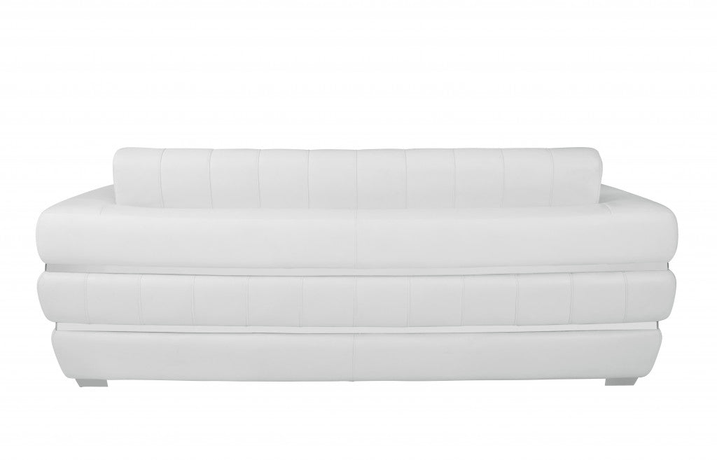 89" White Italian Leather Sofa With Silver Legs