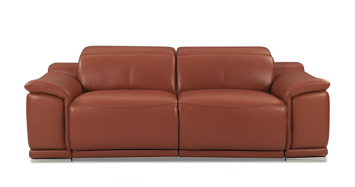 86" Camel Italian Leather USB Reclining Sofa With Silver Legs