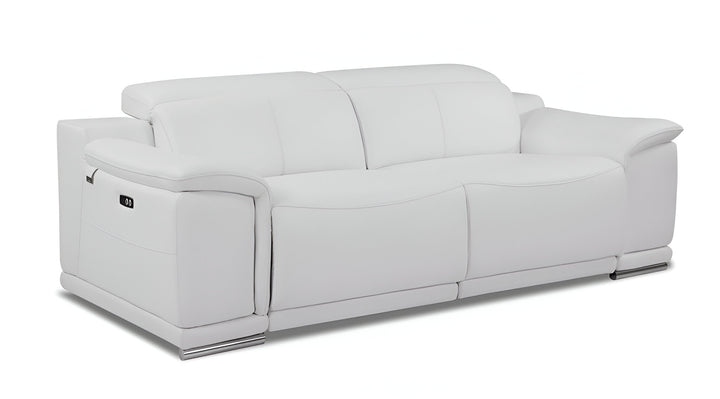 86" White Italian Leather USB Reclining Sofa With Silver Legs