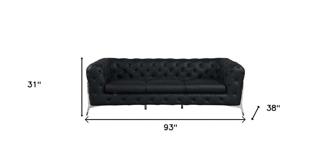 93" Black Italian Leather Chesterfield Sofa With Silver Legs