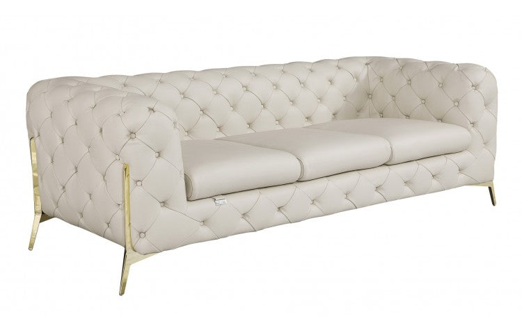 93" Beige Italian Leather Chesterfield Sofa With Silver Legs