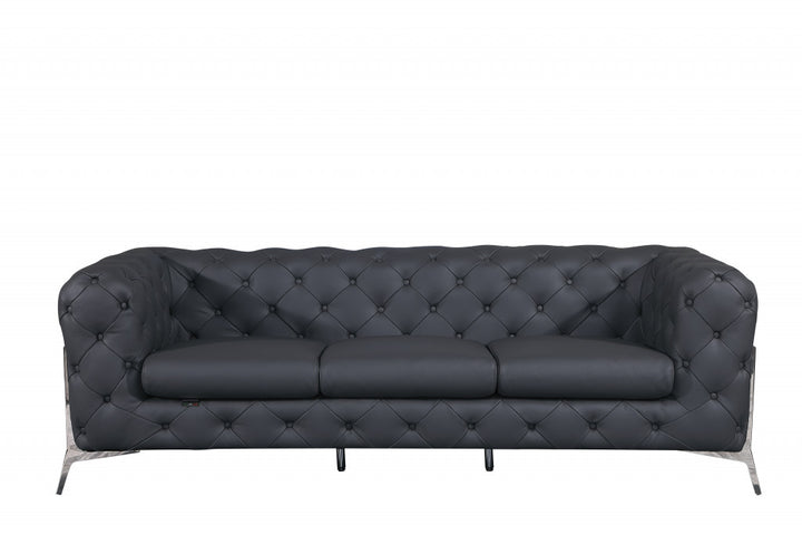 93" Dark Gray Italian Leather Chesterfield Sofa With Silver Legs