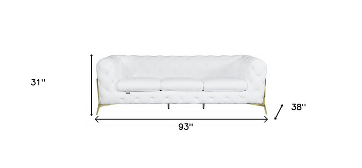 93" White Italian Leather Chesterfield Sofa With Silver Legs