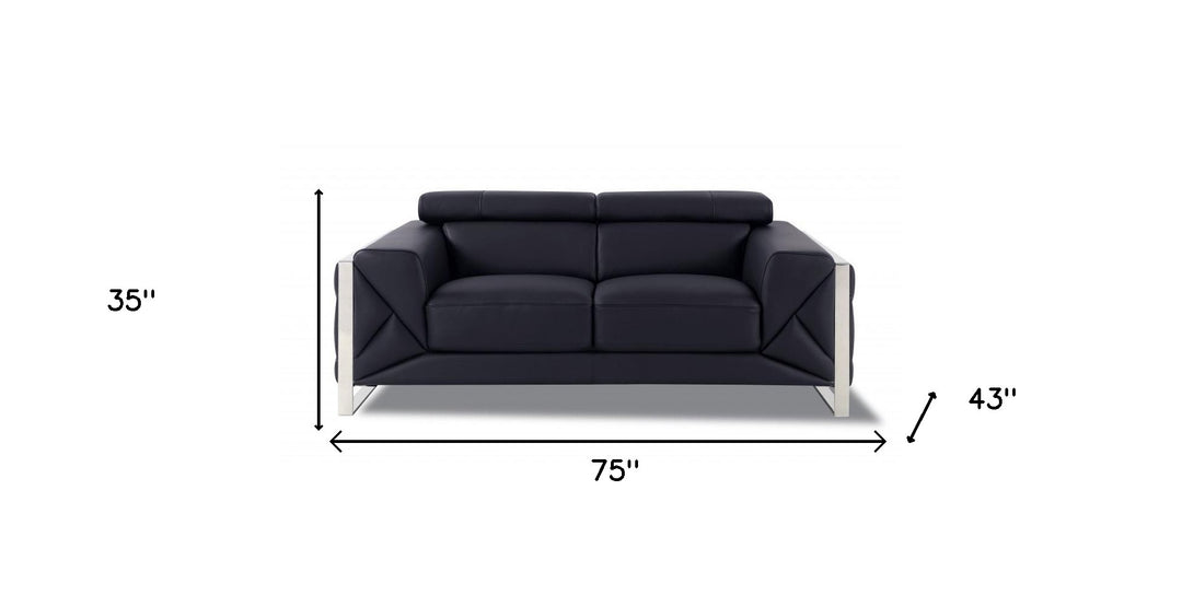 75" Black And Silver Italian Leather Loveseat