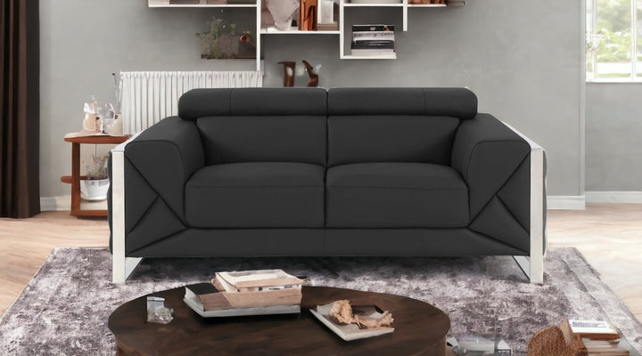 75" Gray And Silver Italian Leather Loveseat