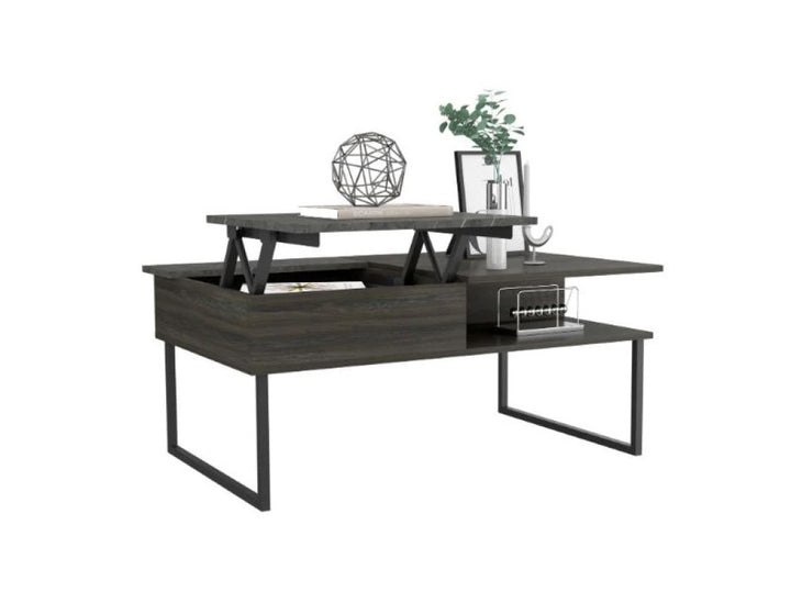 41" Gray And Onyx Metal Lift Top Coffee Table With Two Shelves