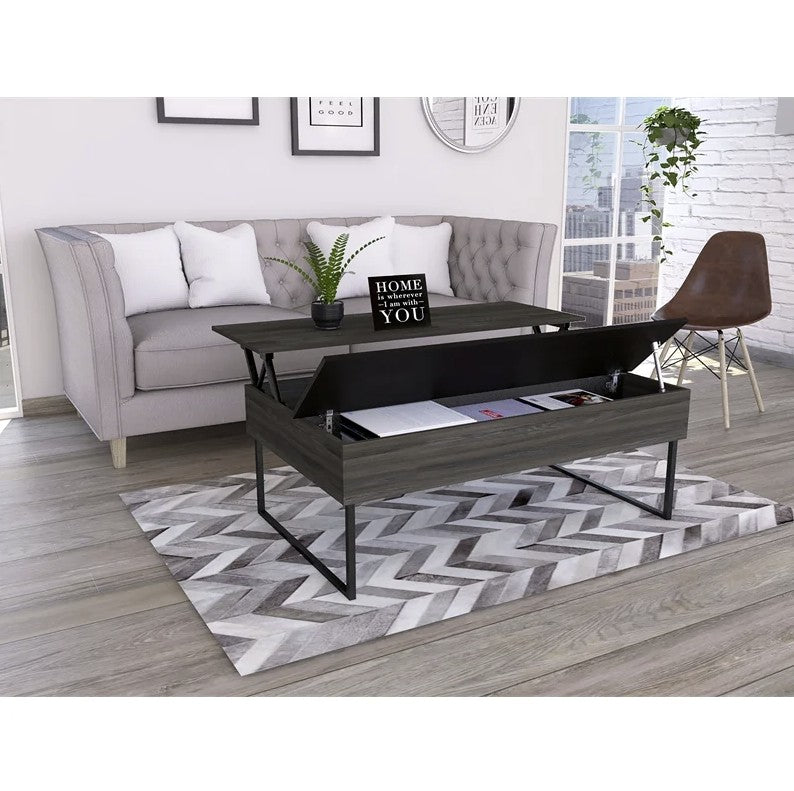 49" Espresso And Black Metal Lift Top Coffee Table With Two Shelves