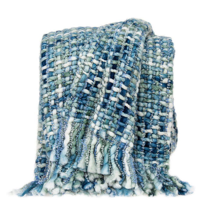 52" X 67" Blue and Green Woven Cotton Blend Throw Blanket with Tassels