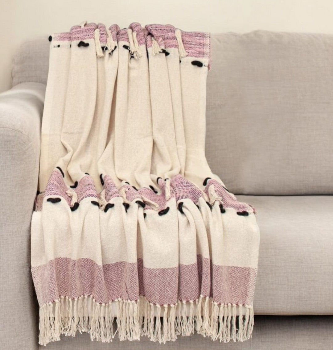 50" X 60" Purple and Ivory Woven Cotton Striped Throw Blanket with Tassels