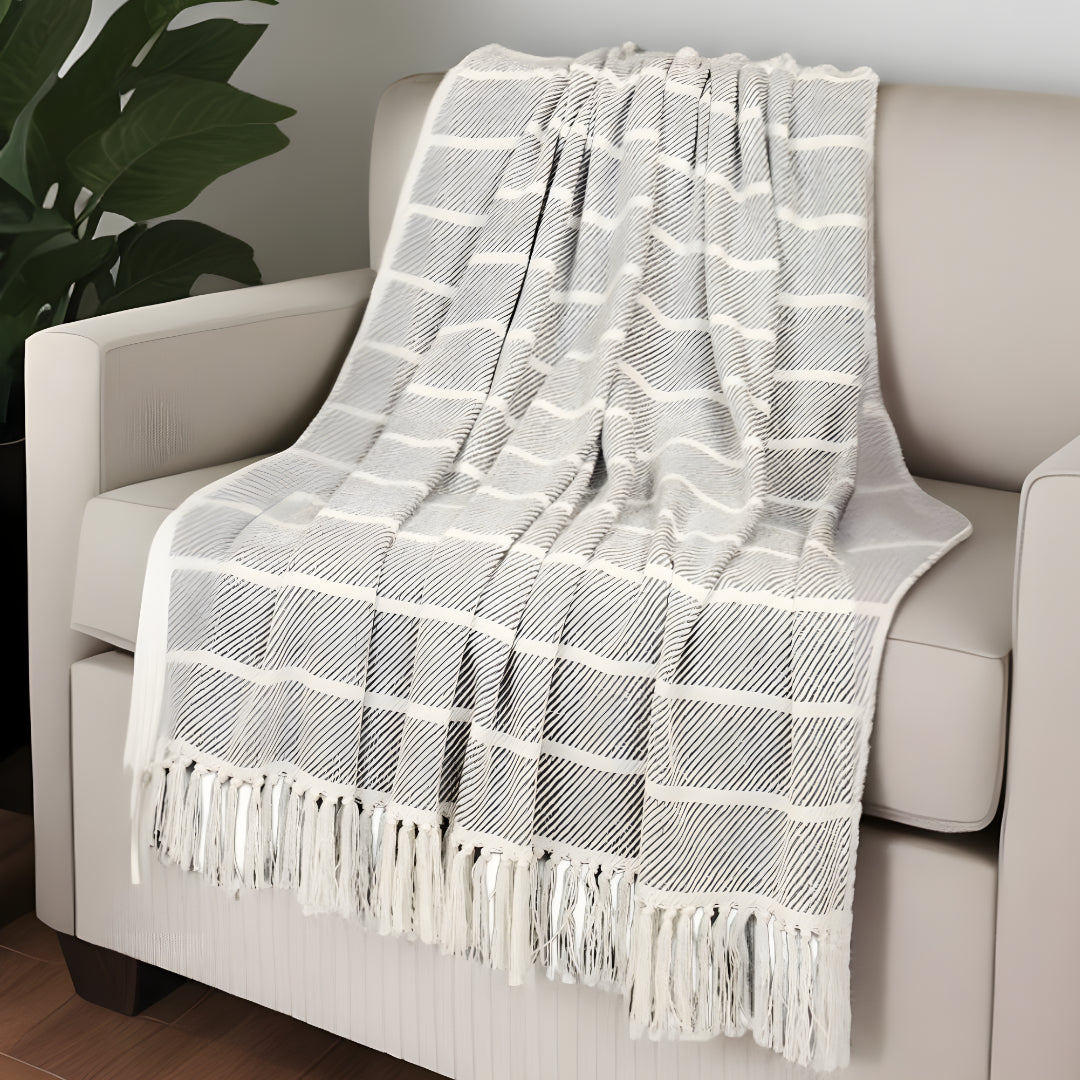 Gray Woven Cotton Striped Throw Blanket