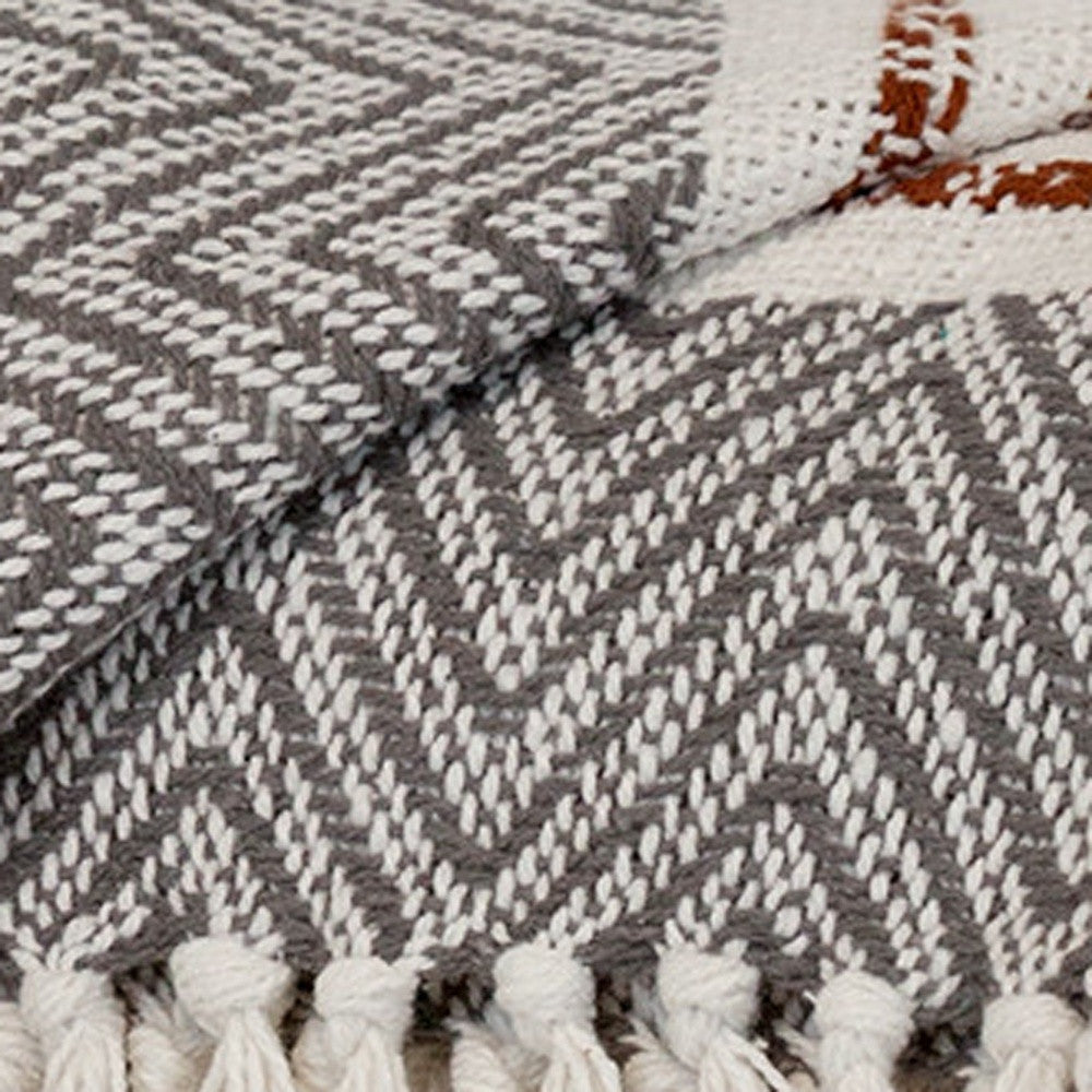 Gray and White Woven Cotton Striped Throw Blanket