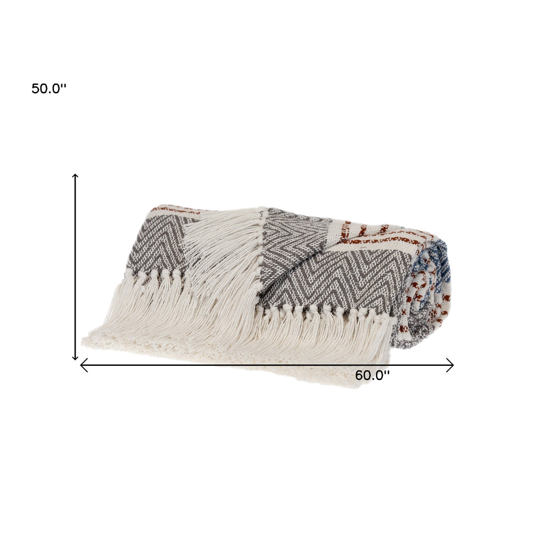 Gray and White Woven Cotton Striped Throw Blanket