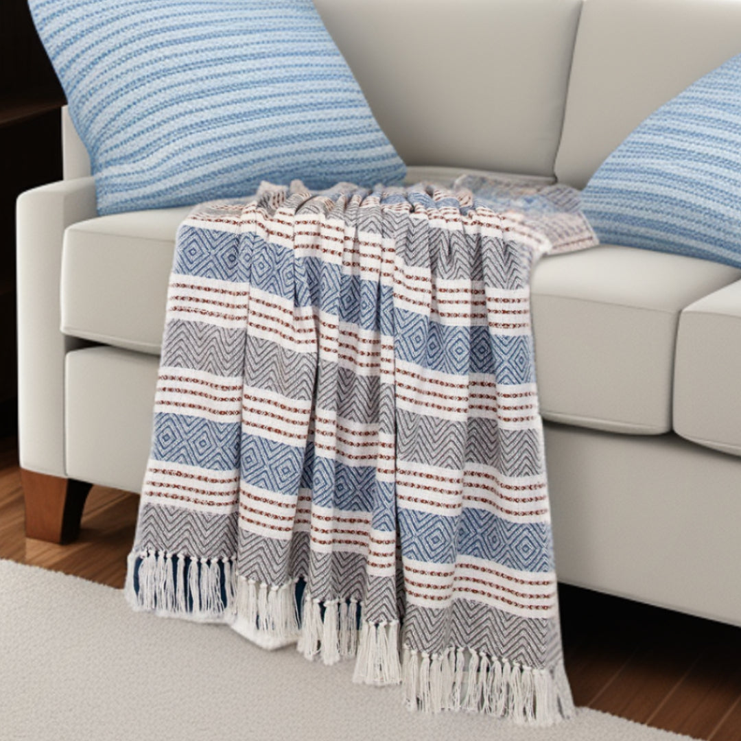 Gray and White Woven Cotton Striped Throw Blanket